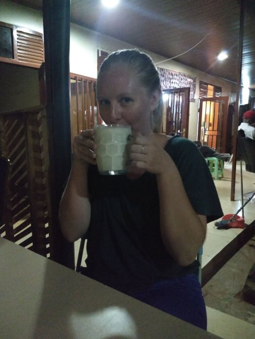 Enjoying one of the milk bars of Kigali.